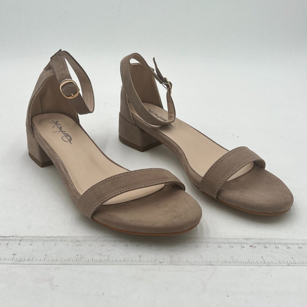 XYD Nude Suede Open Toe Ankle Strap Buckled Low Chunky Heel Dress Sandals - Picture 4 of 8